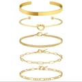 5-teiliges Set aus Gold-Büroklammer-Armband und klobigem Panzerketten-Armreif - Gold (Glatter Armreif/Knotenarmreif/Panzerkette/Büroklammerkette/Figarokette)