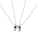 Magnetic astronaut couple necklace with heart pendant and silver bead chains - Astronaut Magnetic Couple Set (X719) / Antique Silver