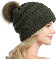 Dark green knitted beanie with fluffy pom-pom and thick ribbed cuff for winter warmth - One Size / Deep Olive