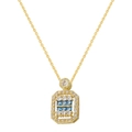 Detailed close-up of a square pendant with blue crystals and white diamonds on a gold chain - Gold Blue Zirconia Necklace