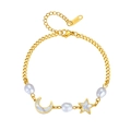 Gold stainless steel bracelet with moon, star charms and white pearls on white background - Gold Star Moon Shell Pearl Style (M707)