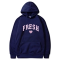 Dunkelblauer Kapuzenpullover mit pinkem FRESH und Love Herzaufdruck für Damen - S / Oberteile / Marineblau