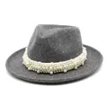 Sombrero Fedora clásico de lana gris para hombre y mujer con elegante ribete de perlas - M (56-58cm) / Gris Jaspeado Oscuro