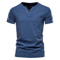 Slim fit dark blue cotton Henley shirt for men with three buttons and chest pocket - Denim Blue