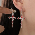 Silver gothic cross drop earrings with red heart center and rose details on model - Bright Silver Vintage Red Heart Rose Cross