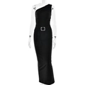 Elegant black one-shoulder maxi dress with ruched bodice and rhinestone buckle detail - S / Black