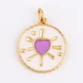 Golden round enamel heart charm with purple center and sunburst pattern for DIY jewelry - K076506-Lavender Radiant Lavender Heart
