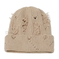 Verwitterte Strickmütze in Beige mit modischen Löchern und gerippter Textur für Damen - M (56-58cm) / Khaki