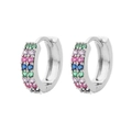 Close-up of double-row colorful zircon micro-inlay earrings in a silver-tone finish - Silver + Colorful Zircon