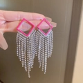 Orecchini lunghi con nappe di strass con parte superiore quadrata rosa brillante e argento - 47# Perno per orecchino in argento - Nappa Rombo Rosa