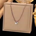 Elegant purple beaded necklace featuring a silver butterfly pendant and metallic charm - H167 Butterfly Purple Bead / Gold