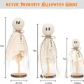 Lot de 3 fantômes d'Halloween en tissu rustique avec étiquettes vintage sur socles - Parure 3 Pièces Blanc