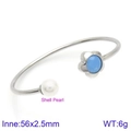 Silver stainless steel bangle with a white shell pearl and a blue flower charm - Silver Blue Evil Eye Style (KB123096-K)