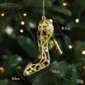 Golden high heel Christmas ornament with hollow patterns and 10cm length on tree - Crystal Shoes