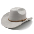 Detail of grey suede fedora hat with brown leather braided band and buckle buckle accents - M (56-59cm) / Light Grey (Suede)
