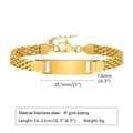 Close-up of gold mesh steel bracelet with blank rectangular ID tag for custom engraving - 16+5cm (Adult) / Gold