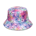 Women's pink bucket hat with tropical flamingo and hibiscus floral print for beach wear - Pink Purple Flamingo Hibiscus Print (C)