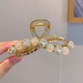 Elegant amber camellia hair claw clip with faux pearls and rhinestones decoration - Crossed Square Rhinestone Claw Clip