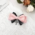 Detail of pink satin bow hair clip with black lace trim and silver cross pendant - 5# Pink Satin with Black Lace Edge and Cross