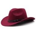 Detail of burgundy wool fedora featuring a classic black leather belt with metal buckles - M (56-58cm) Adjustable / Burgundy