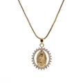 Detailed close-up of Virgin Mary gold pendant with sparkling zircon halo and box chain - White Zircon Virgin Mary