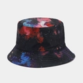 Close-up of galaxy nebula pattern on high-quality twill fabric of the sun bucket hat - One Size / Black Base Red Blue Galaxy (4# Color)