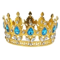 Detailed view of golden baroque crown featuring blue teardrop gems and rhinestones - Gold + Lake Blue Drop