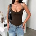 Brown Y2K spaghetti strap bodysuit with ruched chest detail worn with blue denim jeans - Brown