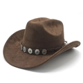 Bruine faux suède western fedora hoed met turquoise versierde lederen band - M (56-59cm) / Bruin Faux Suède