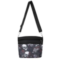 Sac bandoulière en nylon noir avec imprimés tête de mort et fleurs rouge foncé multi-poches - Rouge