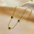 Titanium gold necklace with square green gemstones and twisted rope chain design - Green Square Stone Necklace (N368)