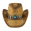 Cappello da cowboy in paglia traforata con perline etniche ed emblema vintage turchese - Marrone Traforato