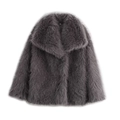 Macro detail of dark grey faux fur texture and size label on the winter coat's collar - XS / Dark Gray