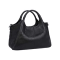 Detail shot of black pebbled leather tote bag with braided handles and metal hardware - One Size / Black