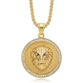 Macro detail of gold plated stainless steel lion head pendant with blue and clear crystals - Red Eye Pendant (No Chain) / Gold