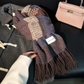 Thick brown and blue checkered scarf with fringe tassels for autumn and winter season - Purple Coffee