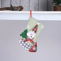 Detail of green burlap Christmas stocking with red plaid trim and 3D bear applique - E4-2 Medium Burlap Fence Bear Stocking