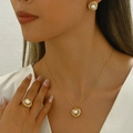 French style pearl jewelry set including gold necklace, earrings and ring on model - Necklace, Earrings and Ring Set (Size 8)