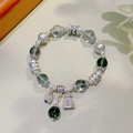 Vintage green phantom crystal bracelet with engraved silver charms and lucky bag - 10mm Green Ghost: Double Coins Fortune Bag Bracelet