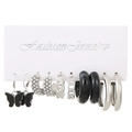 6-pair set of silver and black earrings featuring pearl, butterfly, and hoop designs - White K 5034