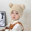 Beige baby knit winter hat with bear ears and earflaps on an infant model - Beige Small Ears - Lined