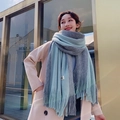 Winter light blue and grey color-block knit scarf with stylish tassels for couples - Green and Grey