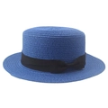 Detail of blue boater straw hat featuring a black ribbon band and elegant bow accent - Blue