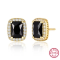 S925 sterling silver rectangular black gemstone stud earrings with gold plating - 925 Silver / Gold & Black