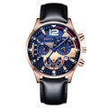 Men's quartz watch with rose gold case, navy blue dial, and black leather strap - Rose Gold Case Rose Gold Dial