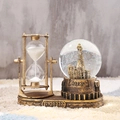 Clessidra dorata vintage con sfera di cristallo Torre Eiffel su base steampunk - Base Rotonda con Luce-Oro
