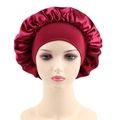Detail of burgundy satin bonnet showing elastic wide band and soft silky texture - One Size / Burgundy