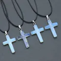 Opal stone cross necklace pendants with black cord and silver clasp in white finish - Synthetic Opal
