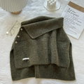 Army green knitted shawl wrap with turtleneck and decorative side buttons on white fabric - Green