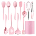 Juego de 12 utensilios de cocina de silicona rosa resistentes al calor con cubo de soporte - Juego de 12 / Rosa